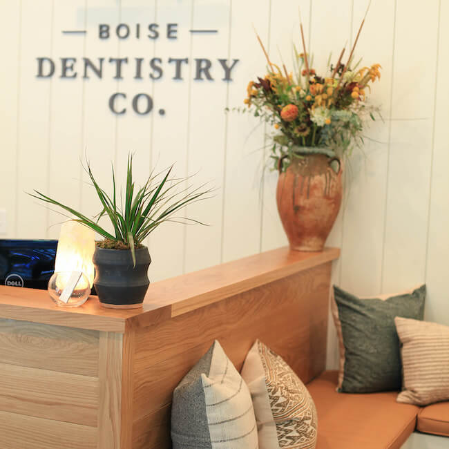 The reception area in our office with our logo in the background